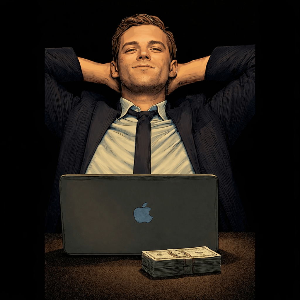 AI side hustle guy next to a Macbook and money