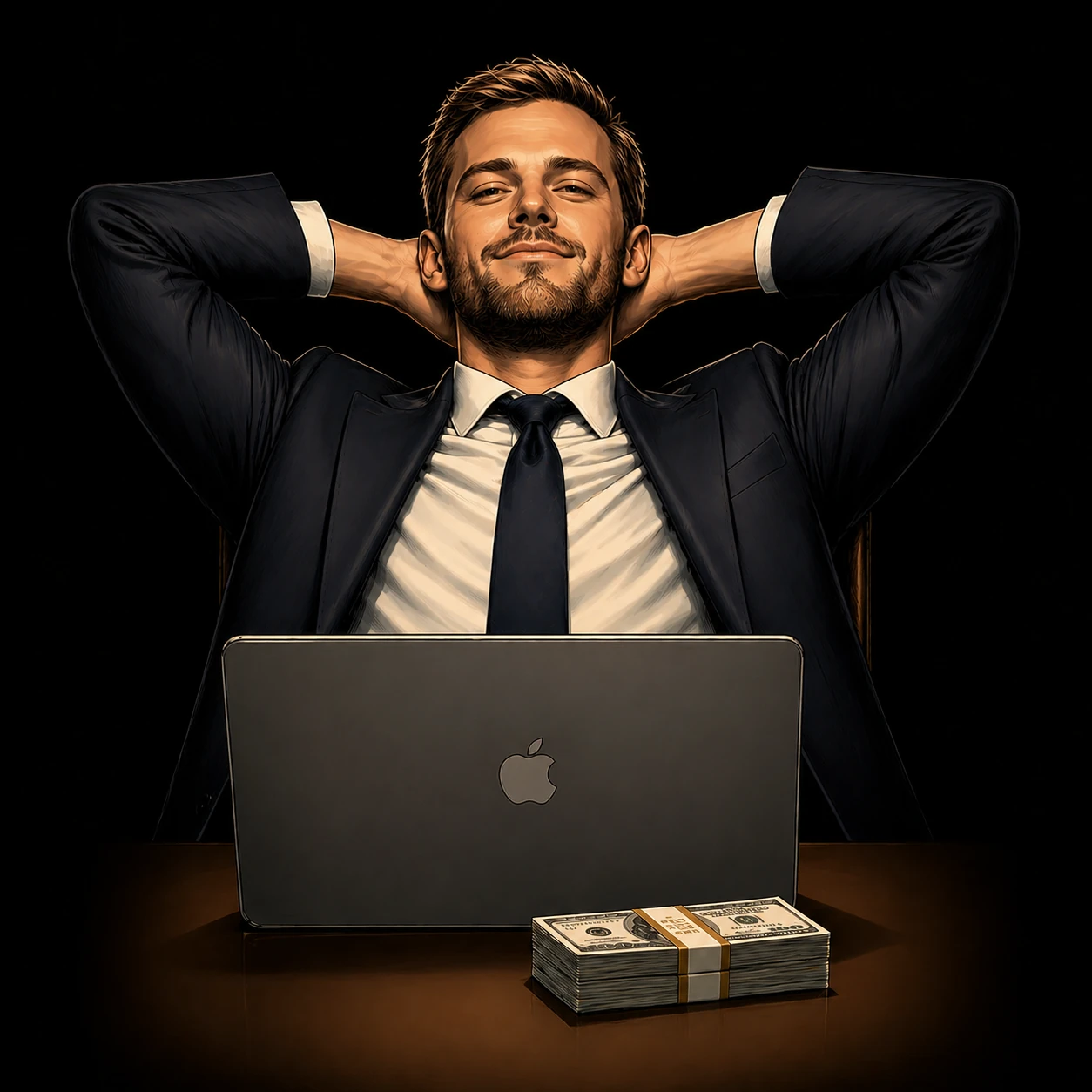 A guy with an expensive suite on his MacBook with a pile of money